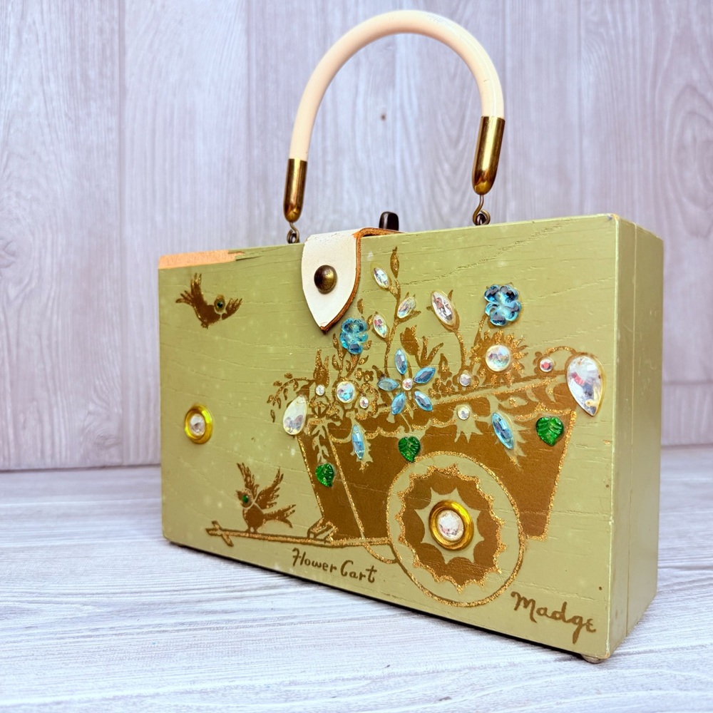 Vintage unique wooden cigar box hand clutch purse jeweled flower cart Madge